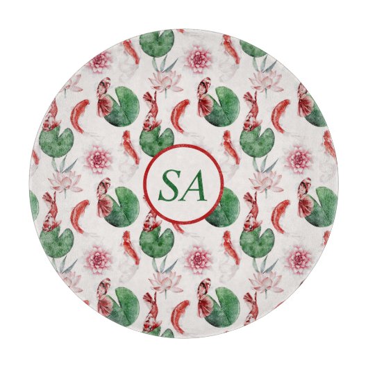 Japanische Wasserfarbe Kunst Koi Fisch Lotus Lily  Schneidebrett (Vorderseite)