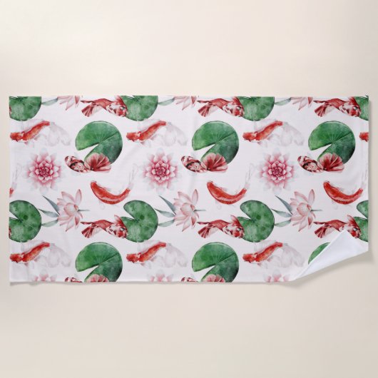 Japanische Wasserfarbe Kunst Koi Fisch Lotus Lily Strandtuch (Vorderseite)