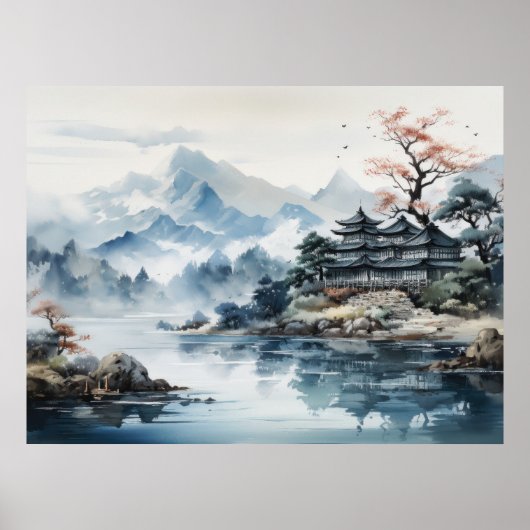 Japanische Wasserfarbe Landschaft Berg See Poster (Vorne)