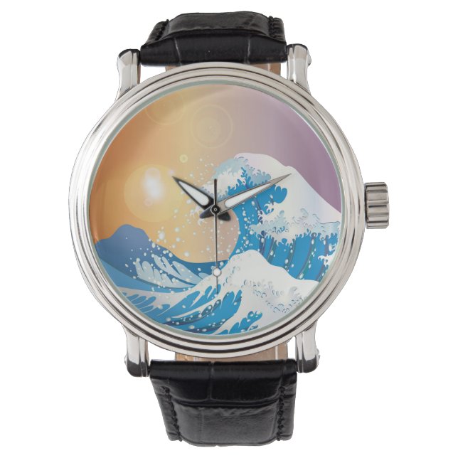 Japanische Wave Art Sunset Ocean Armbanduhr (Vorderseite)