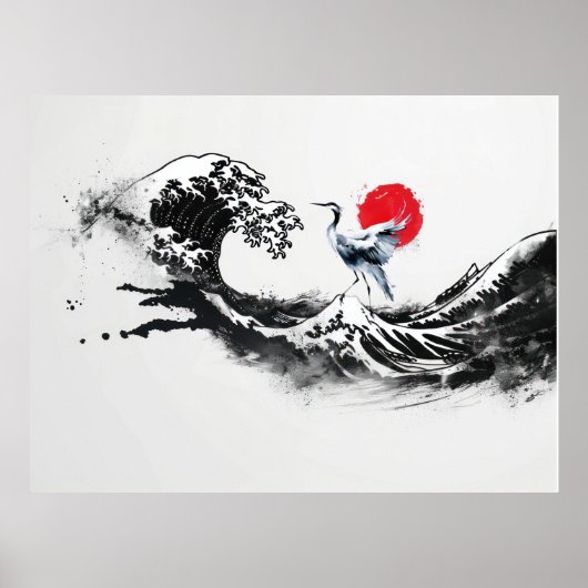 Japanische Wave , Heron, minimale Malkunst Poster (Vorne)