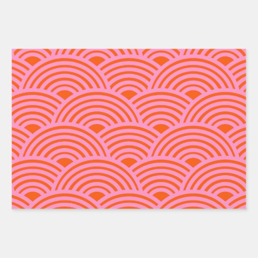 Japanische Wave Seigaiha Muster Preppy Orange Pink Geschenkpapier Set (Vorderseite)