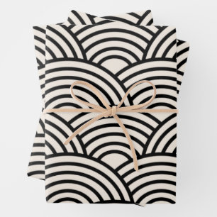 japanische Wave Seigaiha Schwarz und Creme Weiß Geschenkpapier Set