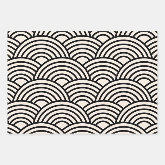 japanische Wave Seigaiha Schwarz und Creme Weiß Geschenkpapier Set (Vorderseite)