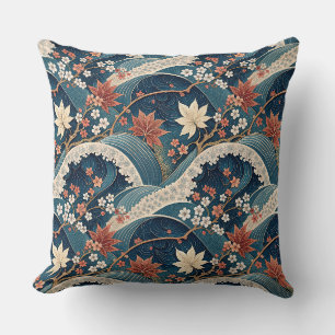 Japanische Welle & Kirschblüten-Blumenmuster-Kunst Kissen