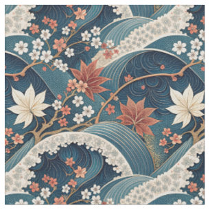 Japanische Welle & Kirschblüten-Blumenmuster-Kunst Stoff