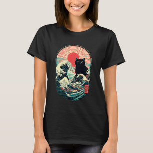 Japanische Wellenkunst Schwarze Katze Retro Sonne T-Shirt