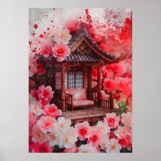 Japanische Zuhause-Kirschblüte Aquarell Poster