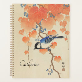 Japanischer Aquarell-Vintage-Druck mit Vogel Planer