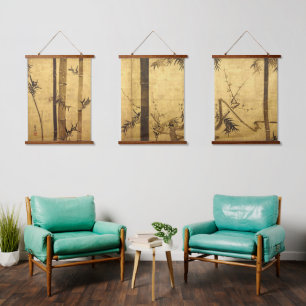 Japanischer Bamboo & Plum Tree von Ogata Kōrin Wandteppich Mit Holzrahmen