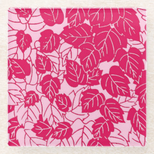Japanischer Blattdruck, Fuchsia und Hellrosa Glasuntersetzer