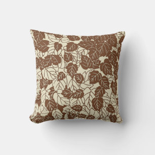 Japanischer Blattdruck, Taupe-Tan und Beige Kissen