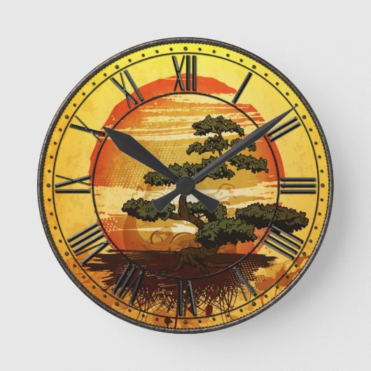 Japanischer Bonsais-Baum-Sonnenuntergang Runde Wanduhr (Vorderseite)