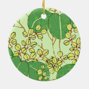 Japanischer botanischer grüner Blatt-Holzschnitt Keramik Ornament
