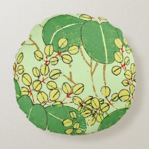 Japanischer botanischer grüner Blatt-Holzschnitt Rundes Kissen