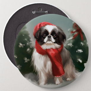 Japanischer Chin Dog in Schnee Weihnachten Button