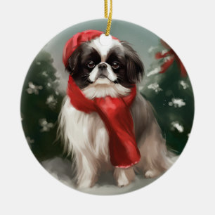 Japanischer Chin Dog in Schnee Weihnachten Keramik Ornament