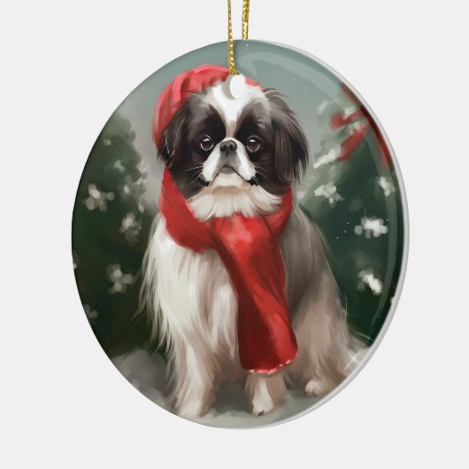 Japanischer Chin Dog in Schnee Weihnachten Keramik Ornament (Links)