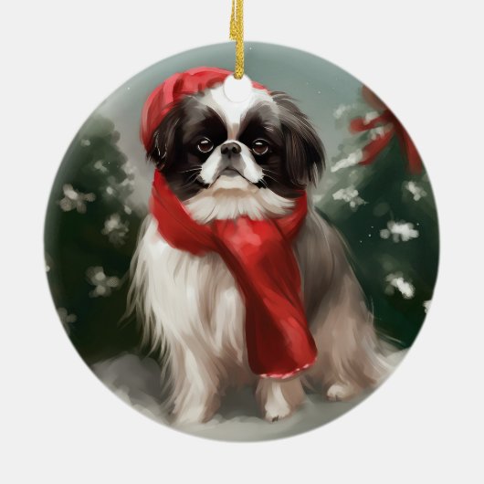 Japanischer Chin Dog in Schnee Weihnachten Keramik Ornament (Hinten)