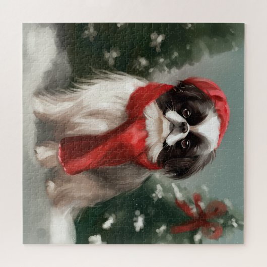 Japanischer Chin Dog in Schnee Weihnachten Puzzle (Horizontal)