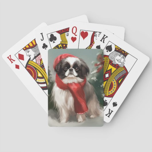 Japanischer Chin Dog in Schnee Weihnachten Spielkarten (Rückseite)