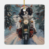 Japanischer Chin Dog Riding Motorrad Weihnachten Keramikornament (Rückseite)