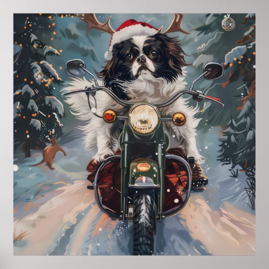 Japanischer Chin Dog Riding Motorrad Weihnachten Poster (Vorne)