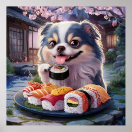 Japanischer Chin Dog Welppy Eating Sushi Poster