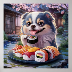 Japanischer Chin Dog Welppy Eating Sushi Poster
