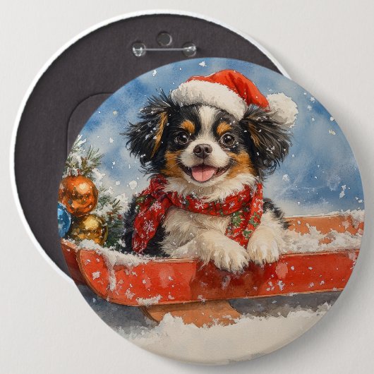 Japanischer Chin Hund in Sledge Let it Snow Weihna Button (Vorne & Hinten)
