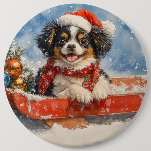 Japanischer Chin Hund in Sledge Let it Snow Weihna Button (Vorderseite)
