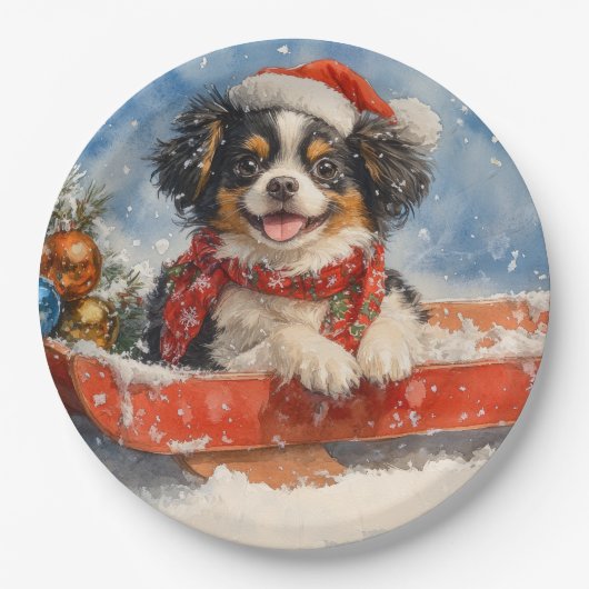Japanischer Chin Hund in Sledge Let it Snow Weihna Pappteller (Vorderseite)