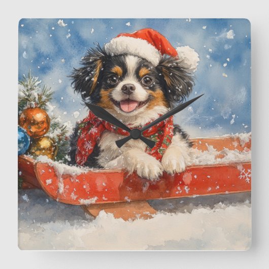 Japanischer Chin Hund in Sledge Let it Snow Weihna Quadratische Wanduhr (Vorderseite)