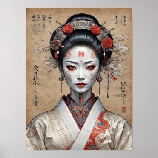 Japanischer Cyberpunk-Geisha auf Pergament Poster (Vorne)