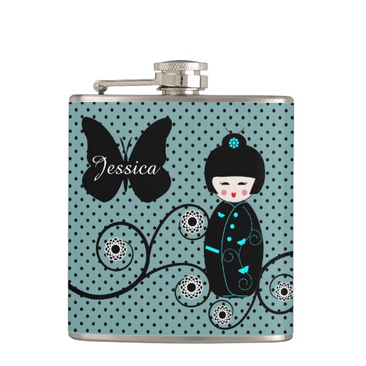 Japanischer Doll Polka Dot Personalisiert Flachmann (Vorderseite)