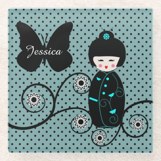 Japanischer Doll Polka Dot Personalisiert Glasuntersetzer (Vorderseite)