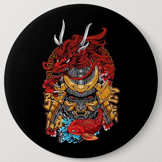 Japanischer Drache Cyberpunk Samurai Koi Fish Aest Button (Vorderseite)