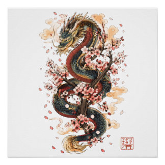 Japanischer Drache mit Kirschblüten | Sakura-Mytho Poster