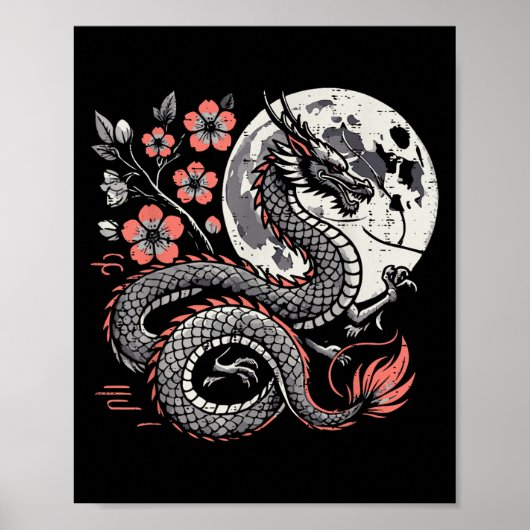 Japanischer Drache Sakura Moon Cherry Blossom Men Poster (Vorne)