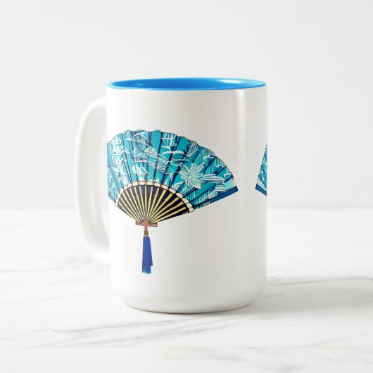 Japanischer Fan in Türkisblau und Weiß Zweifarbige Tasse (Vorderseite Links)