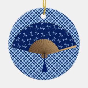 Japanischer Fan, Libellen-Muster, Kobalt-Blau Keramikornament