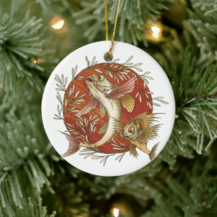 Japanischer Fliegender Fisch und Bambusblätter Vin Keramik Ornament