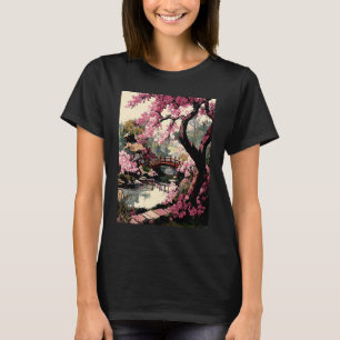 Japanischer Garten Kirschblütenbrücke Malstil T-Shirt