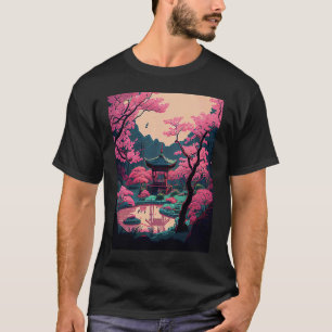 Japanischer Garten Kirschblütenbrücke Tempel rosa T-Shirt
