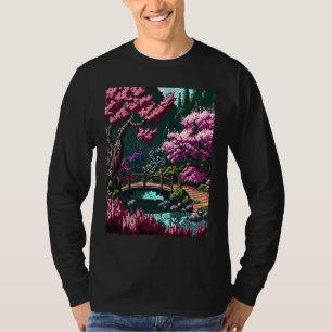 Japanischer Garten mit Brücke Kirschblüte 16bit V T-Shirt