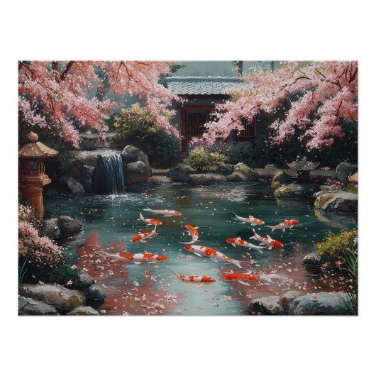 Japanischer Garten mit Koi und Kirschblüten Poster (Vorderseite)