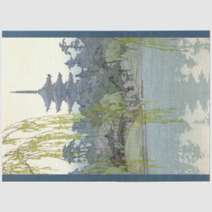 Japanischer Garten Vintag Blue Willow Lake Pagoda Seidenpapier