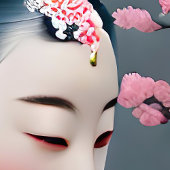 Japanischer Geisha in einem Kirschgarten Poster
