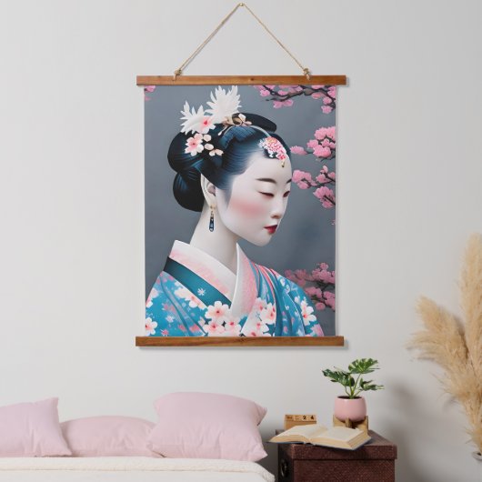 Japanischer Geisha in einem Kirschgarten Wandteppich Mit Holzrahmen (Schlafzimmer)