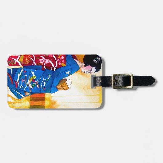 Japanischer Geisha mit blauem Kimono Gepäckanhänger (Vorderseite horizontal)
